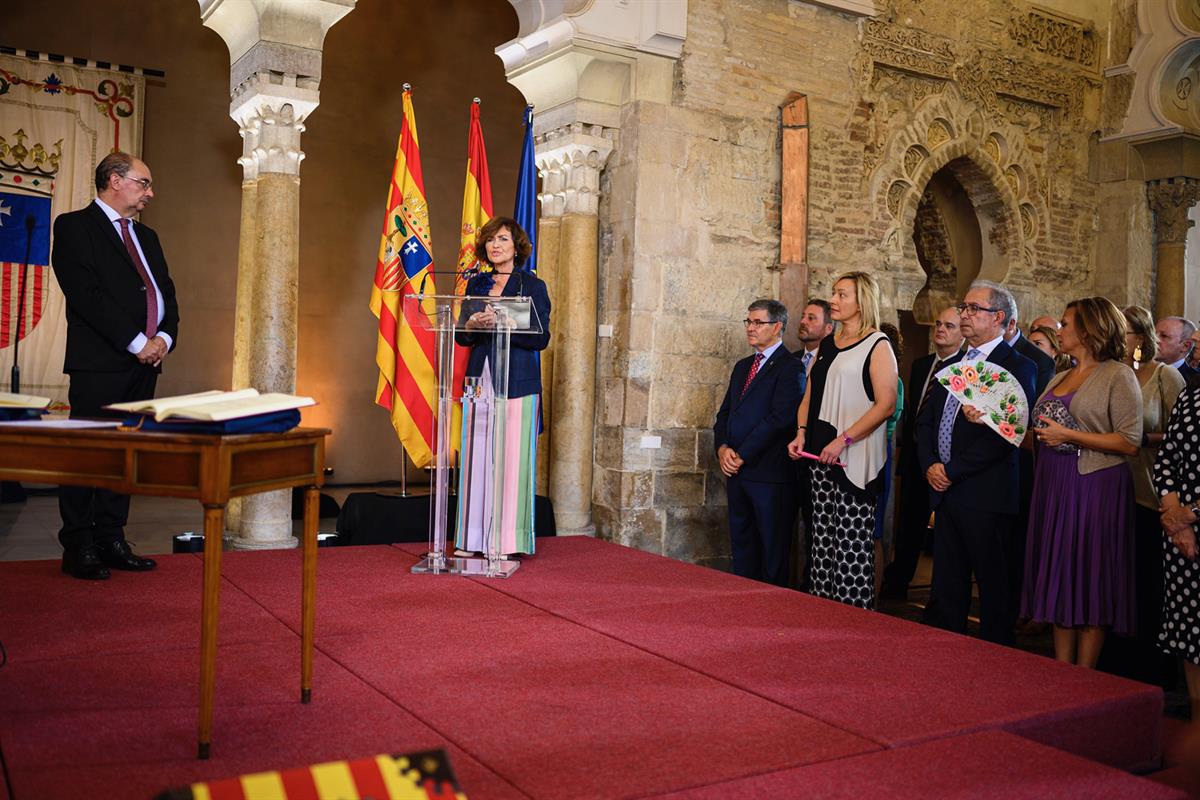 3/08/2019. Calvo asiste a la toma de posesión de Lambán. La vicepresidenta del Gobierno, ministra de la Presidencia, Relaciones con las Cort...