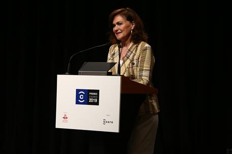 26/04/2019. Premios CEDRO. La vicepresidenta del Gobierno, Carmen Calvo, durante su intervención en la entrega del Premio CEDRO.