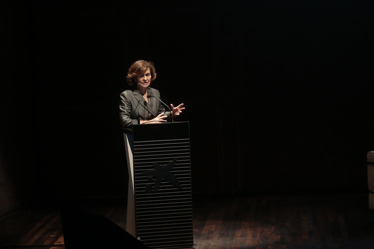 27/11/2019. Carmen Calvo durante el acto de presentación de la nueva campaña de España Global. Intervención de la vicepresidenta del Gobiern...