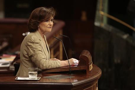 29/08/2019. Calvo comparece en el Congreso para informar sobre la gestión migratoria. La vicepresidenta del Gobierno y ministra de la Presid...