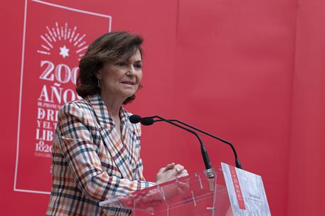 6/03/2020. Calvo, en la presentación de los actos del bicentenario del pronunciamiento de Riego en Cabezas de San Juan. La vicepresidenta de...