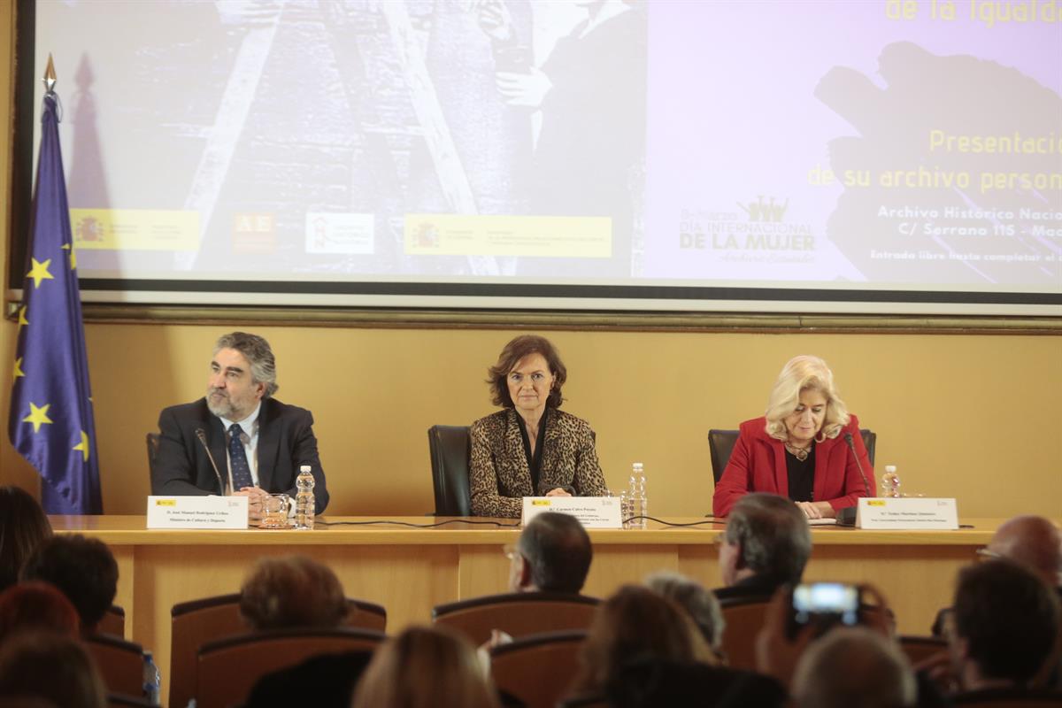 9/03/2020. Calvo interviene en la presentación del archivo personal de María Telo. La vicepresidenta primera del Gobierno y ministra de la P...