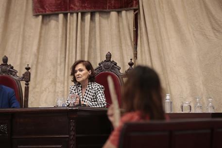 9/07/2020. Carmen Calvo presenta el Manual de Derecho Constitucional con perspectiva de género. La vicepresidenta primera y ministra de la P...