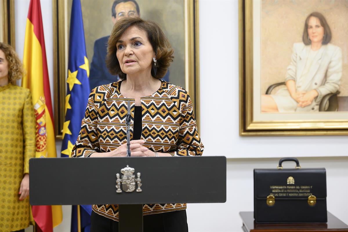 13/01/2020. Carmen Calvo durante su toma de posesión como vicepresidenta. Carmen Calvo durante su intervención tras tomar posesión de su car...