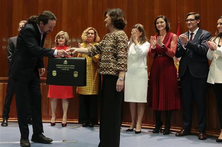 13/01/2020. Carmen Calvo interviene en la toma de posesión de Pablo Iglesias. La vicepresidenta primera del Gobierno, ministra de la Preside...