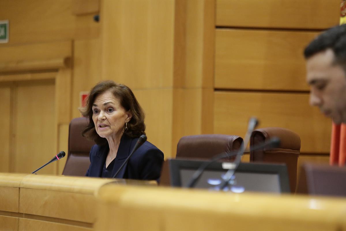 13/05/2020. Carmen Calvo comparece ante la Comisión Constitucional del Senado. La vicepresidenta primera y ministra de la Presidencia, Relac...