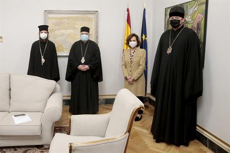 15/12/2020. Reunión con la Iglesia Ortodoxa. La vicepresidenta primera del Gobierno, Carmen Calvo, durante la reunión con los representantes...