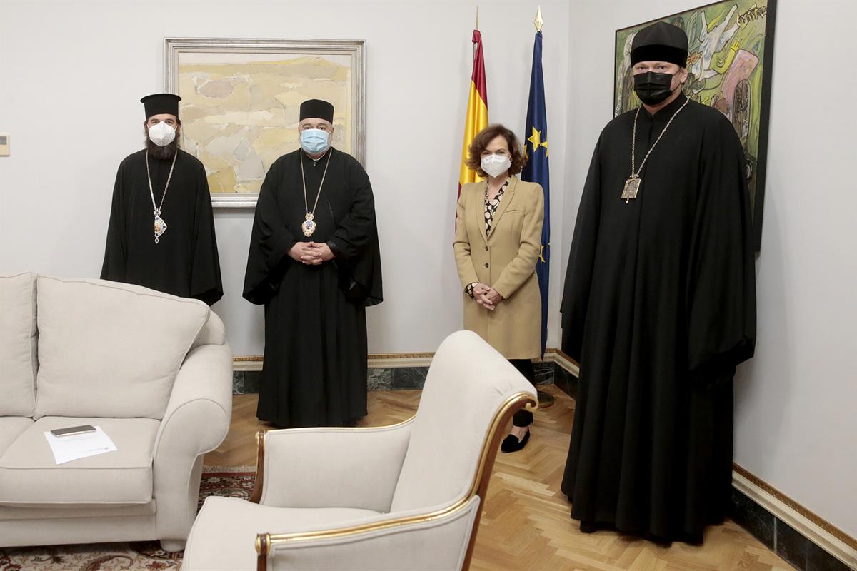 15/12/2020. Reunión con la Iglesia Ortodoxa. La vicepresidenta primera del Gobierno, Carmen Calvo, durante la reunión con los representantes...