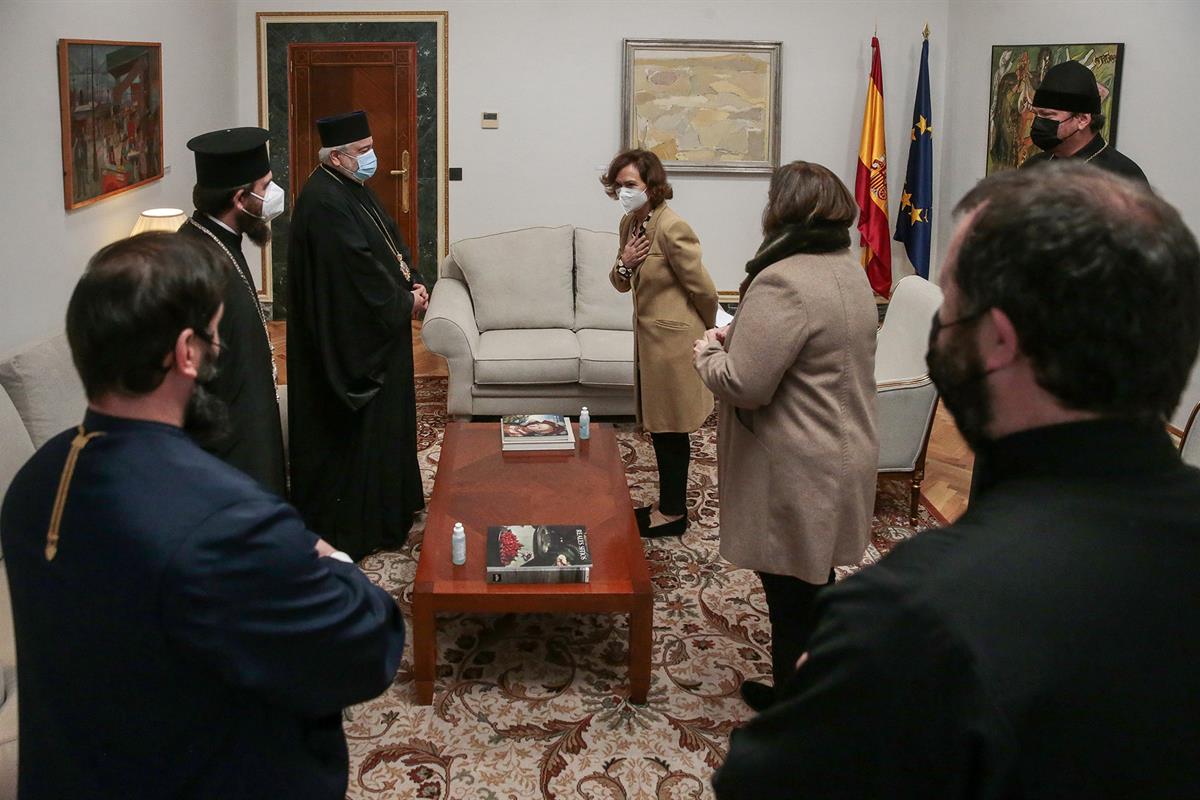15/12/2020. Reunión con la Iglesia Ortodoxa. La vicepresidenta primera del Gobierno, Carmen Calvo, durante la reunión con los representantes...