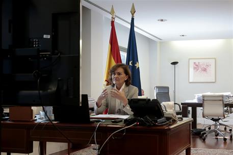 19/11/2020. Carmen Calvo, en la presentación del Laboratorio de Políticas feministas de la Diputación Barcelona. La vicepresidenta primera d...