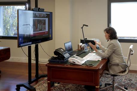 19/11/2020. Carmen Calvo, en la presentación del Laboratorio de Políticas feministas de la Diputación Barcelona. La vicepresidenta primera d...