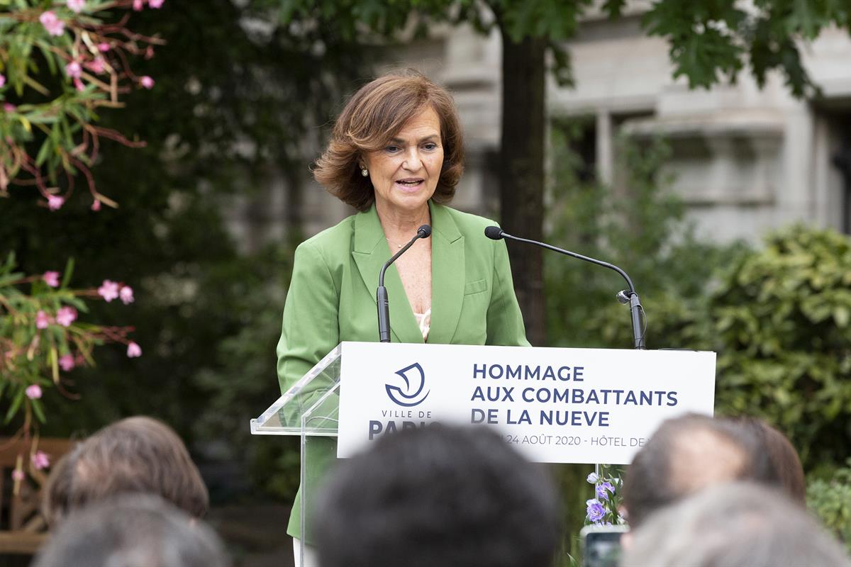 24/08/2020. Viaje institucional de Carmen Calvo a París. La vicepresidenta del Gobierno, Carmen Calvo, durante su intervención en el homenaj...