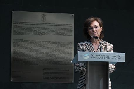 30/09/2020. Calvo, en un acto del Parlamento de Navarra de reparación y reconocimiento a víctimas. La vicepresidenta primera del Gobierno, m...