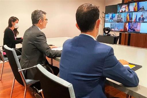 El ministro Félix Bolaño durante la reunión, celebrada por videoconferencia