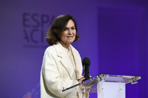 La vicepresidenta primera del Gobierno, Carmen Calvo, durante su intervención
