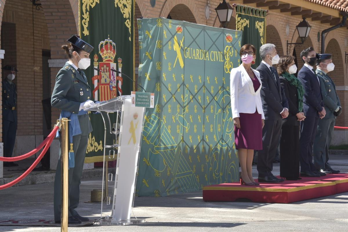 5/04/2021. Calvo, en el acto de toma de posesión de la jefa de la Comandancia de la Guardia Civil de Teruel. La vicepresidenta primera del G...