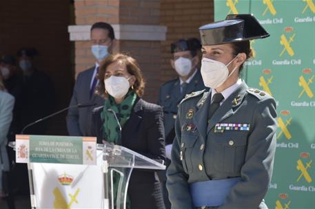 5/04/2021. Calvo, en el acto de toma de posesión de la jefa de la Comandancia de la Guardia Civil de Teruel. La vicepresidenta primera del G...