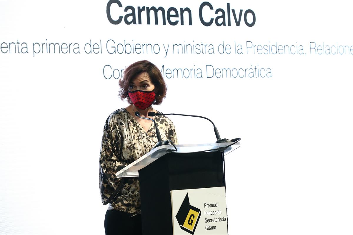 7/06/2021. Carmen Calvo interviene en el acto de entrega los Premios Fundación Secretariado Gitano. La vicepresidenta del Gobierno y ministr...