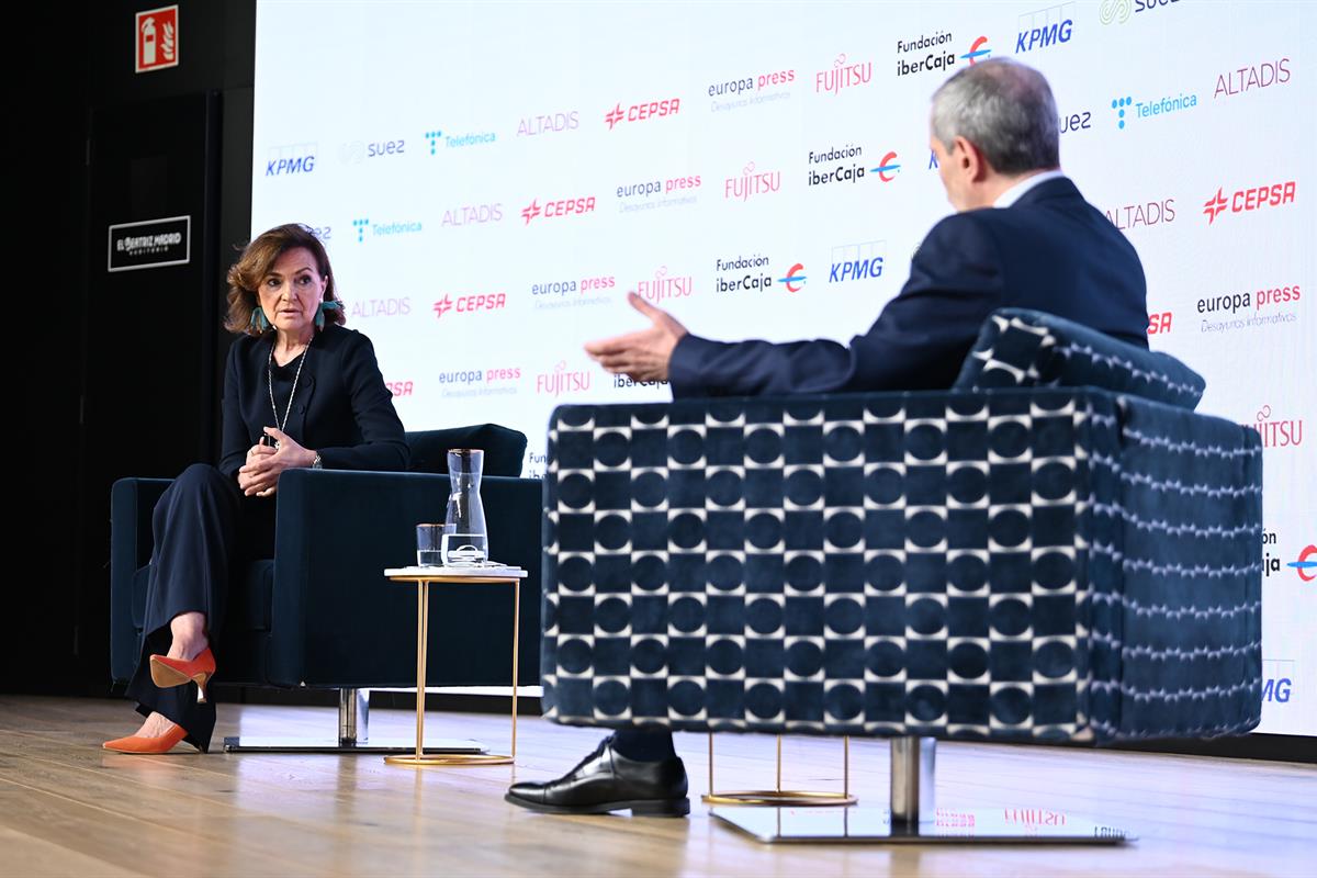 8/07/2021. Carmen Calvo, en los Desayunos Informativos de Europa Press. La vicepresidenta del Gobierno y ministra de la Presidencia, Relacio...