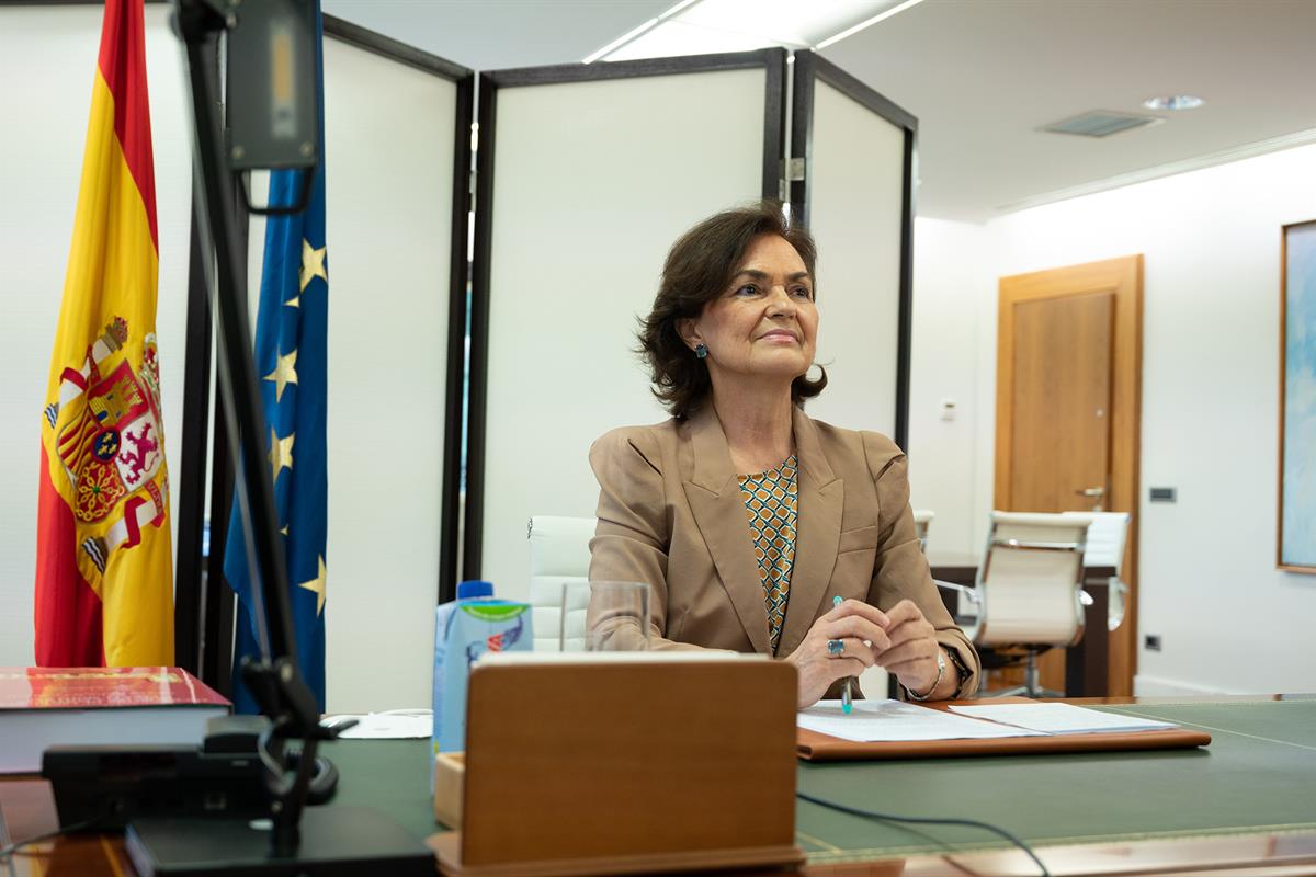 20/04/2021. Calvo participa en la mesa redonda 'Perspectiva de género y diversidad en ámbito constitucional europeo'. La vicepresidenta prim...