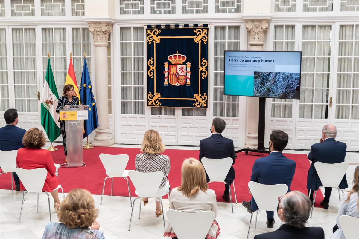 28/05/2021. Visita institucional de Carmen Calvo a Sevilla. La vicepresidenta primera del Gobierno, Carmen Calvo, durante su intervención en...