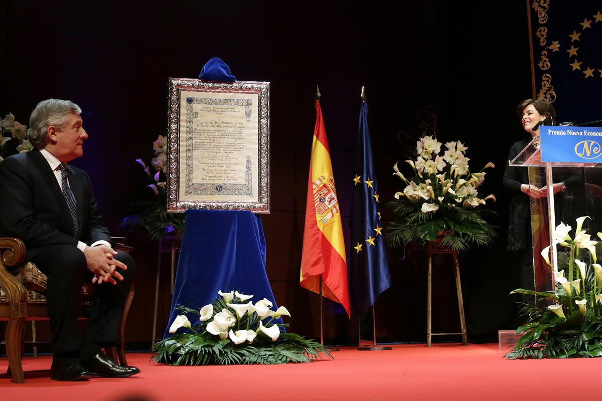 11/04/2018. Soraya Sáenz de Santamaría en la entrega del premio Nueva Economía. La vicepresidenta del Gobierno y ministra de la Presidencia ...